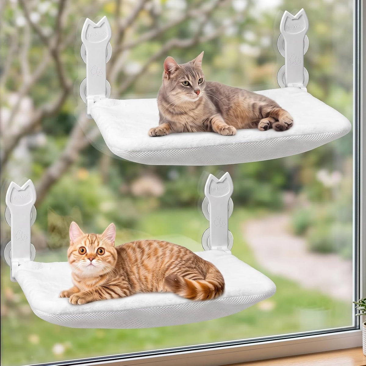 2 Pack Cat Window Perch,Cat Window Hammock Cordless Foldable Window Bed with 4 Large Strong Suction - White Cover