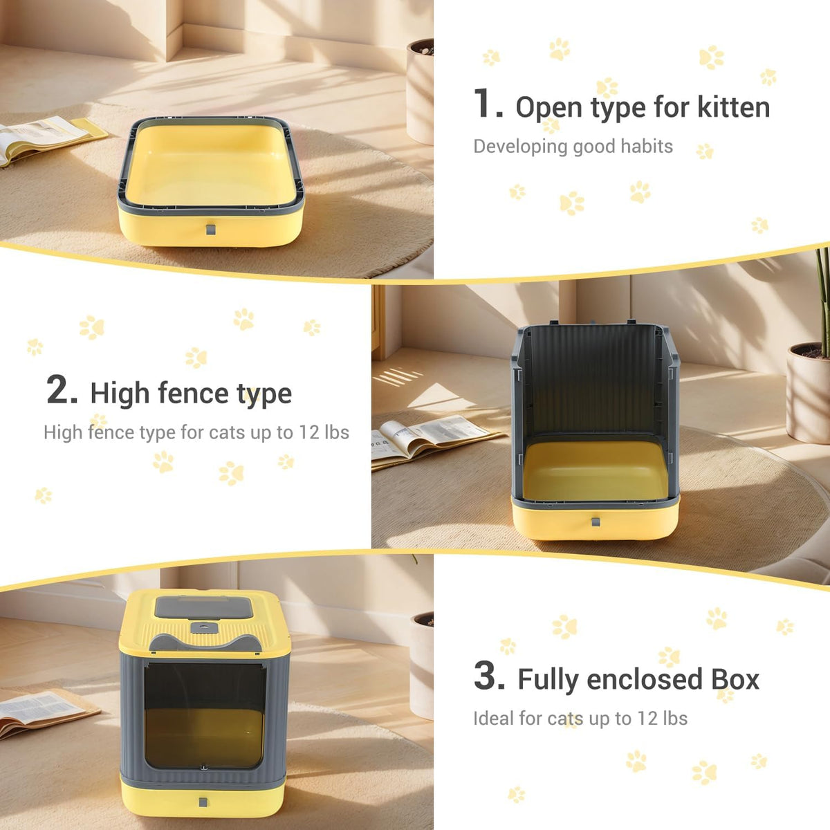 Foldable Enclosed Cat Litter Box with Lid, for Kitten to Medium - Yellow&Grey - image 3