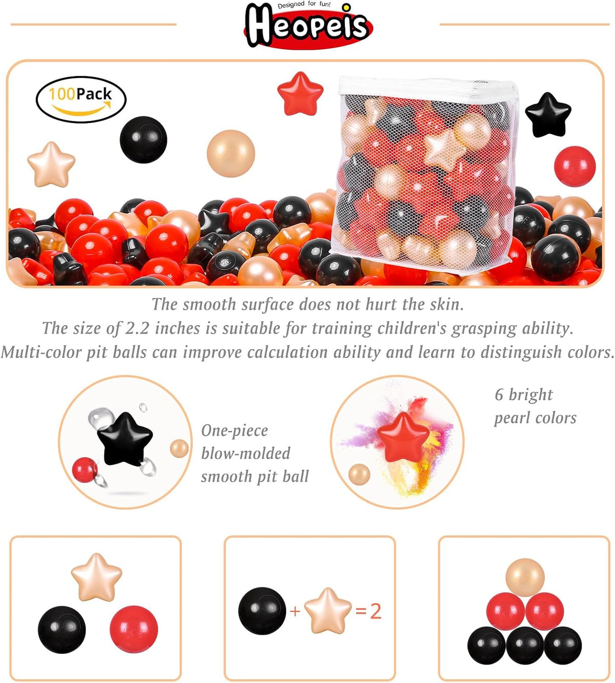 Star Ball Pit Balls for Toddlers, Ball Pool Play Tent - Red Black Gold / 100 - image 4