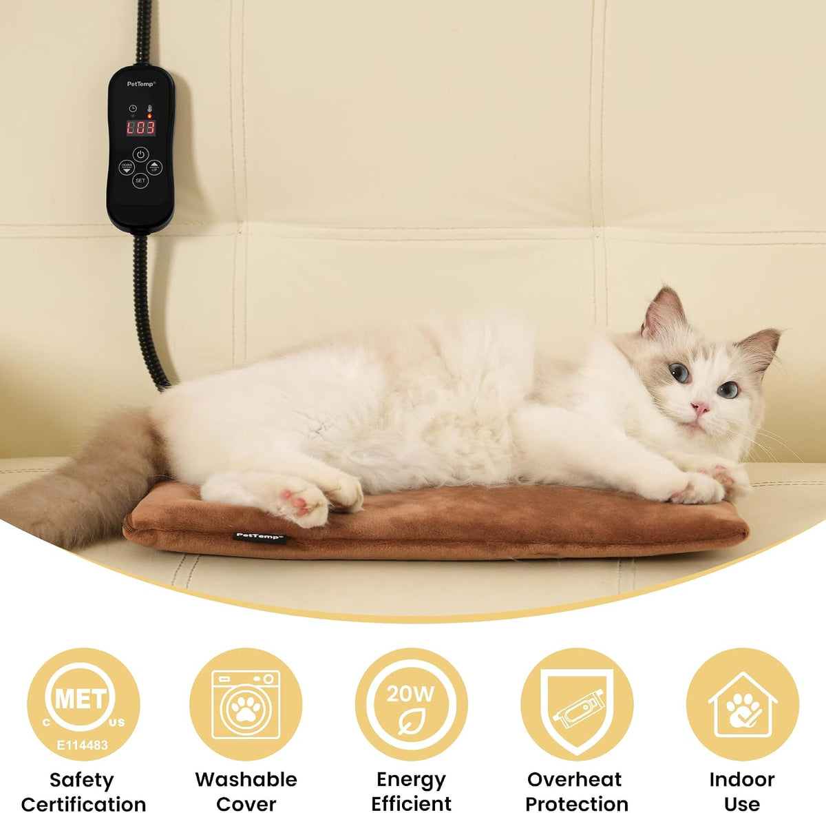 Cat Heating Pad, Heated Cat Bed, 5 Temps & Timer - Brown / S: 16" x 13" - image 3