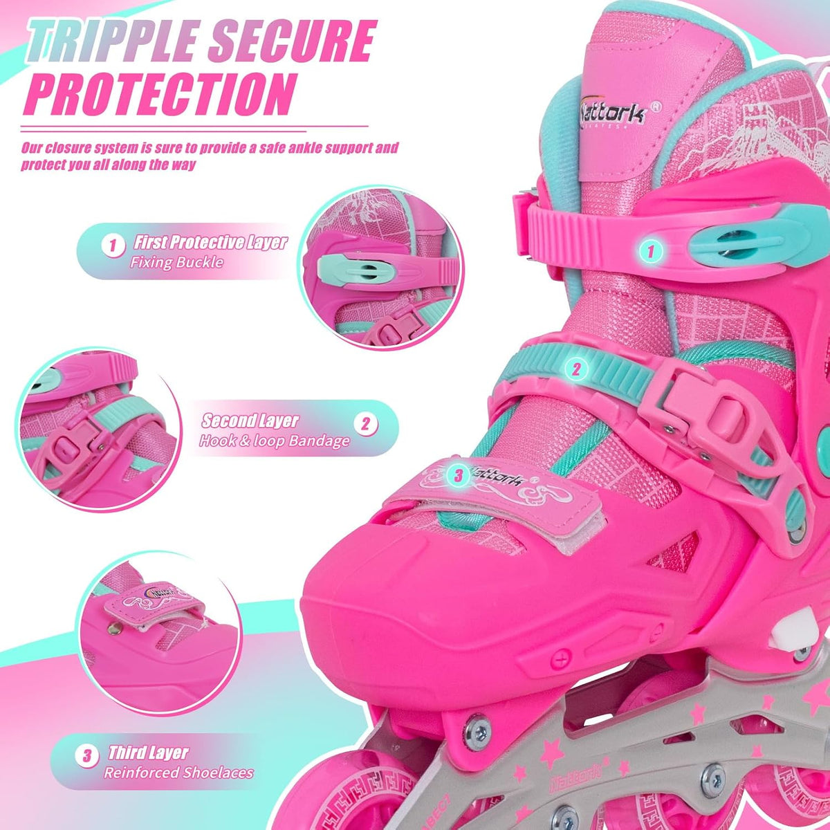 Nattork adjustable inline skates for kids with light-up wheels and checkerboard upper - view 30