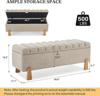 Storage Bench Ottoman 48.6 Inch with Safty Lift Top Lid, Tufted Solid Wood Tapered Legs Footstool for Bedroom, Living Room & Entryway Light Brown