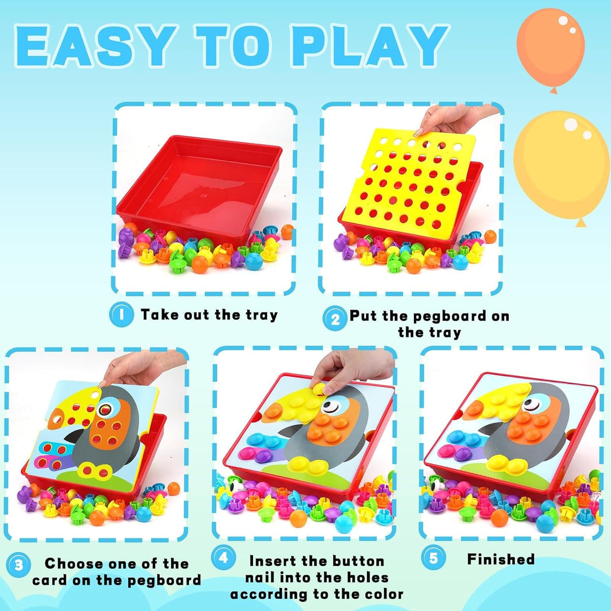 Button Art Toys for Toddlers Ages 3+, Mosaic Peg Board – Fun for Kids & Family - toucan - image 3