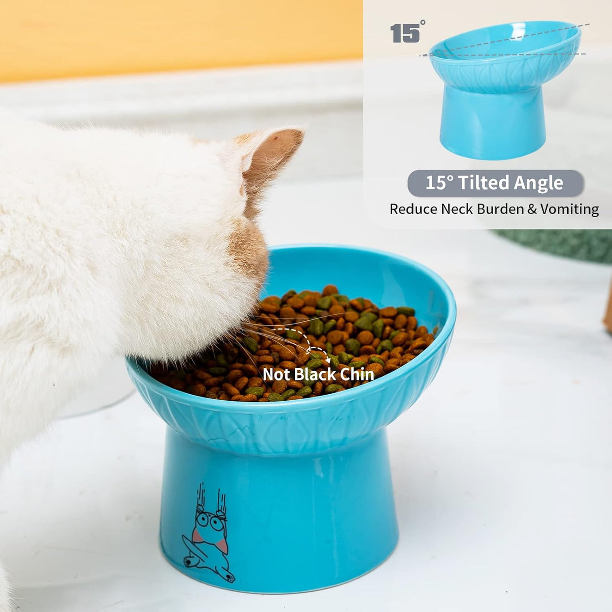 6.5 Inch Extra Wide Ceramic Raised Cat Bowl Set - White & Blue - image 2