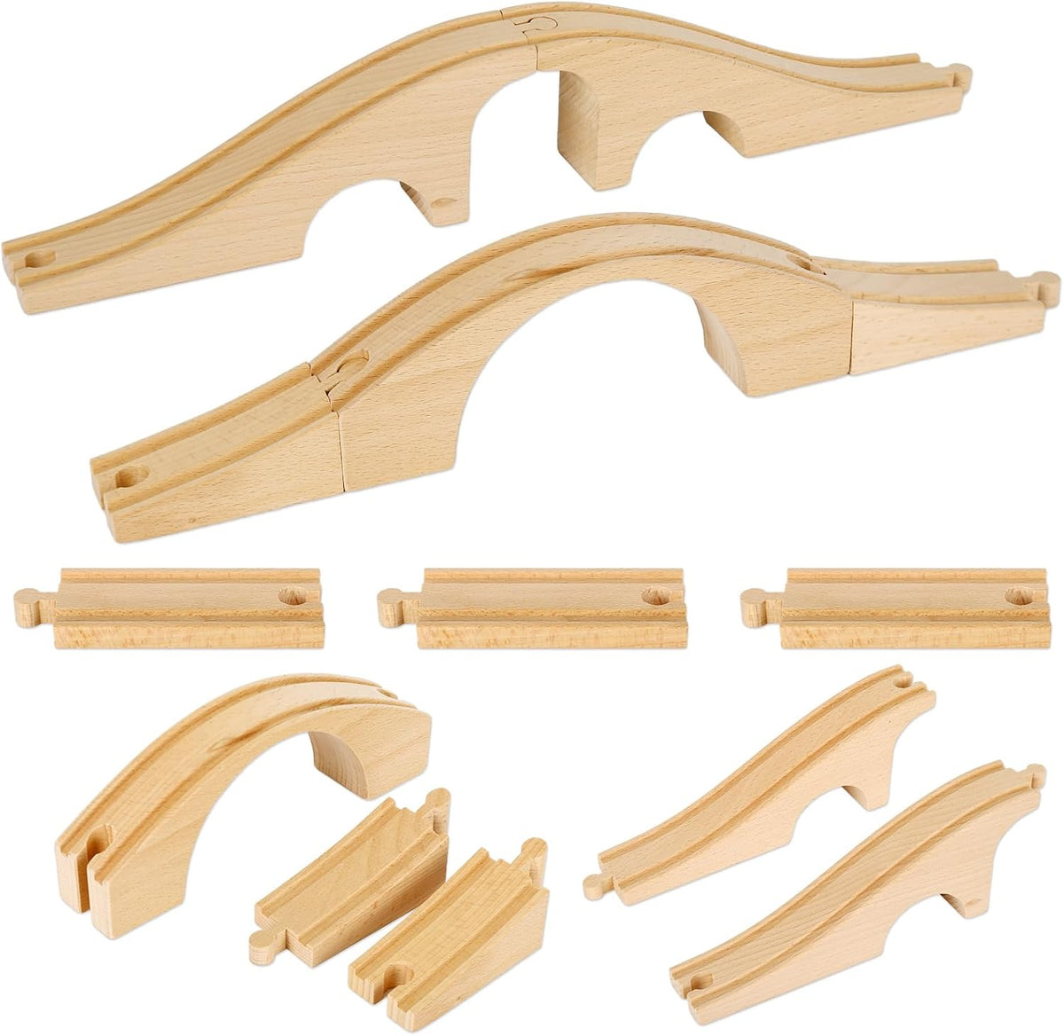 JarThenaAMCS wooden train track expansion set with two bridges and straight tracks