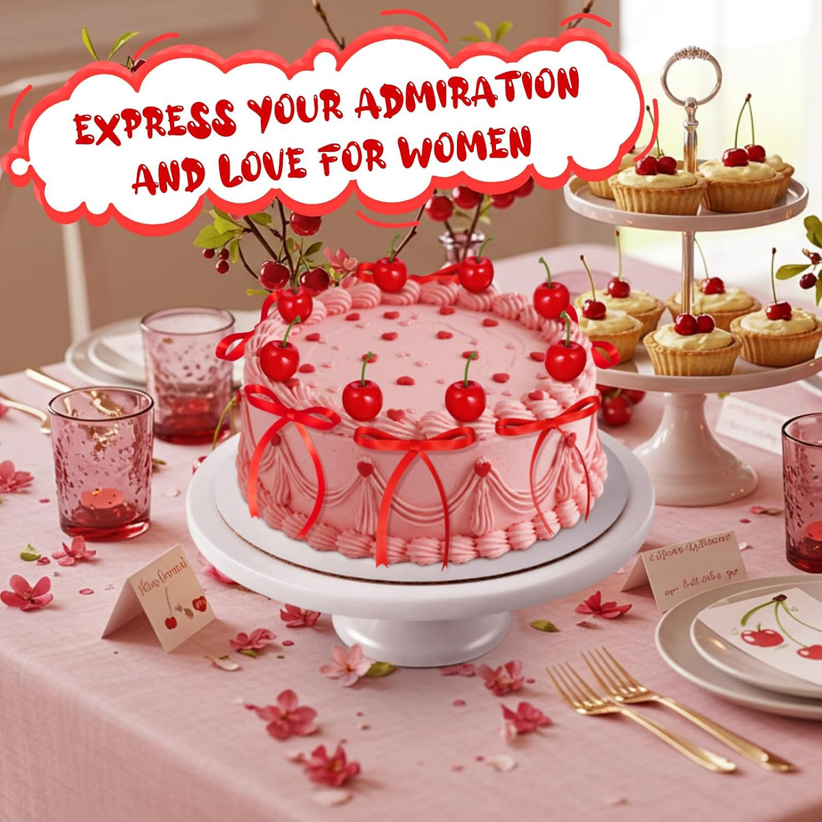 Chunful fake cherry cake toppers with red polyester bows - view 18