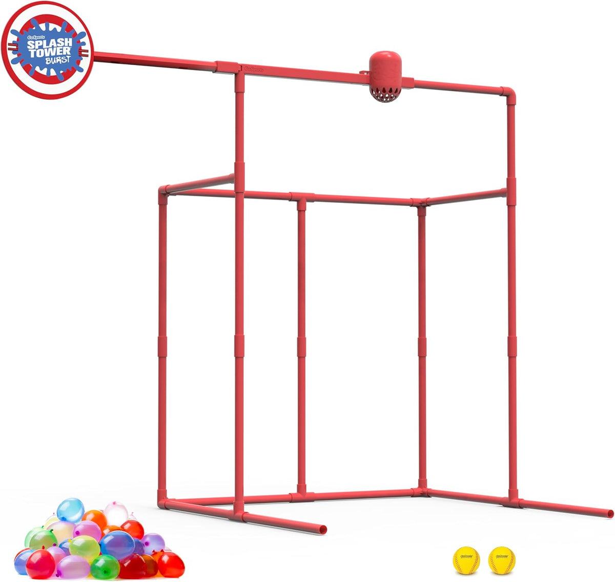 GoSports backyard splash tower dunk tank water game with foam balls and water balloons