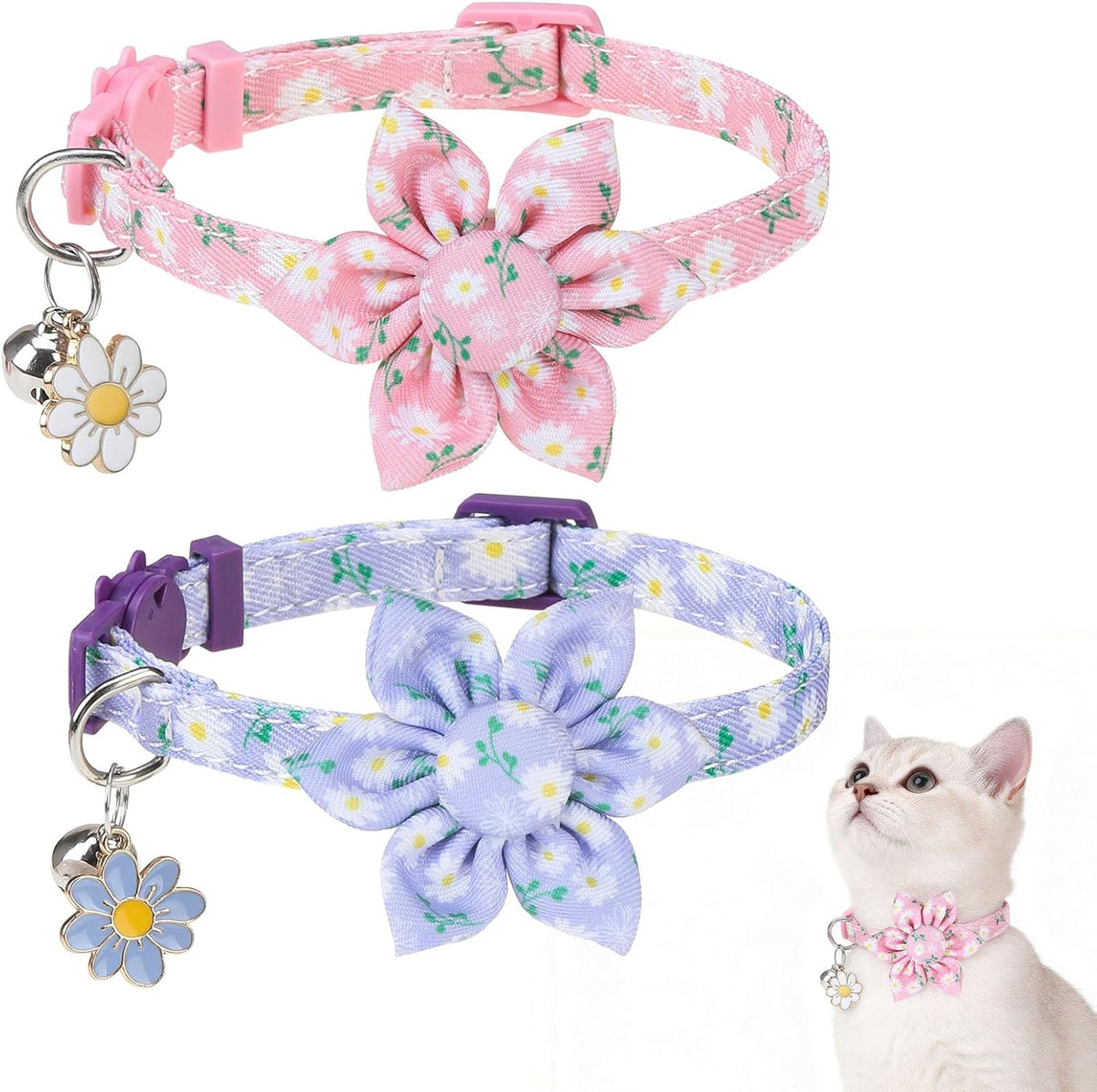 Cat Collar Breakaway, Soft Kitten Collar with Bell, Daisy - Floral (Pack of 2)