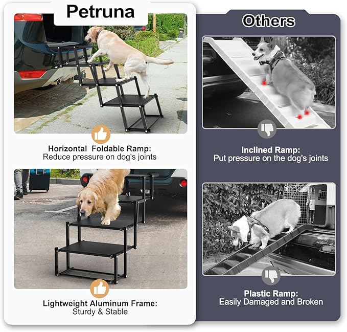 Extra Wide Dog Stairs for Large Dogs, Foldable Dog Ramp for Car with Non-Slip Surface, Lightweight Dog Stairs for Cars, Dog Steps for Cars, SUV, High Beds, Truck, Supports up to 250 lbs, 4 Steps