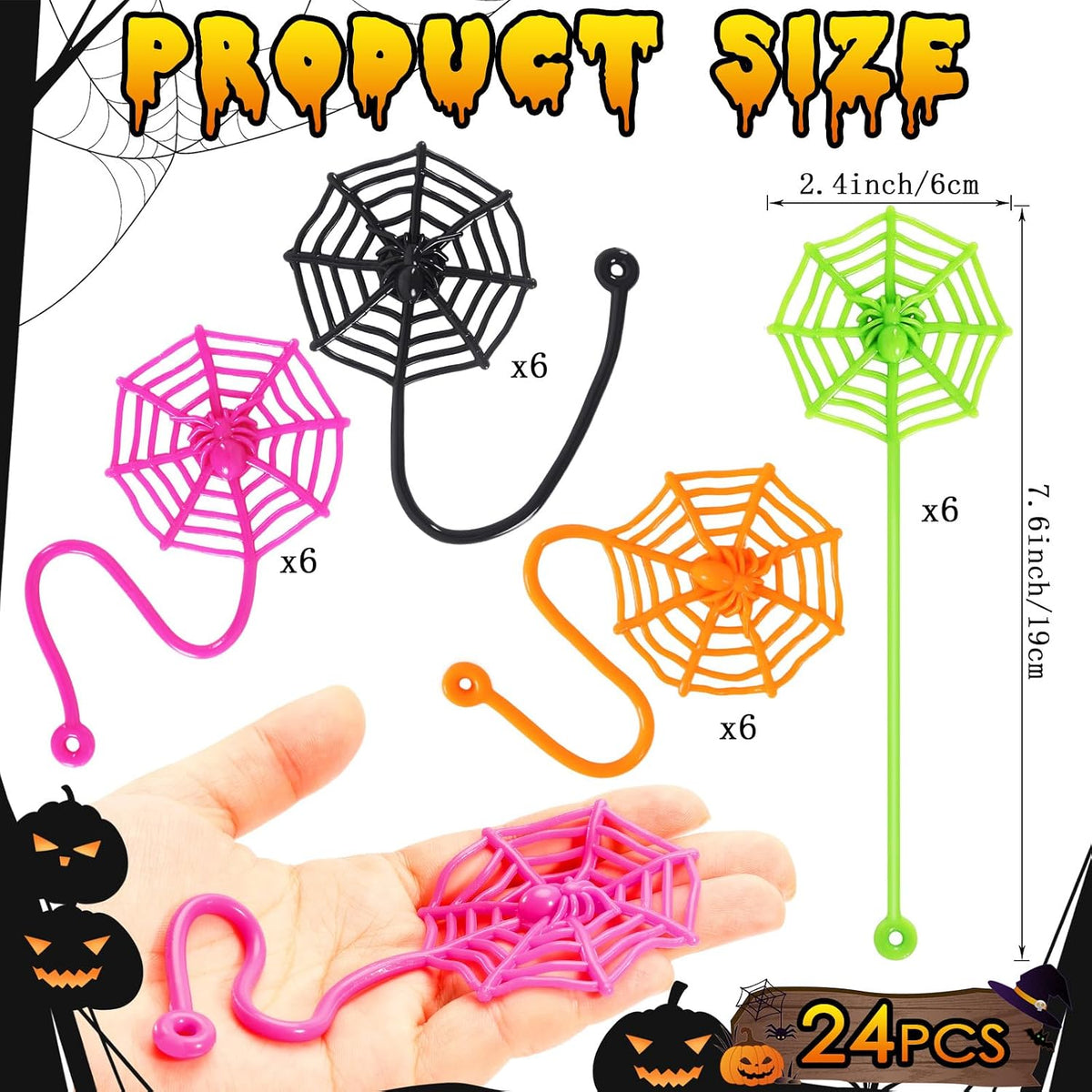 VICROIC sticky spider web toys, 24 rubber cobwebs in 4 colors - view 2