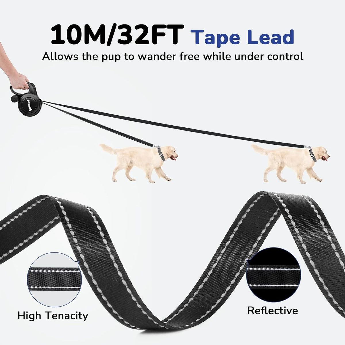 32ft Retractable Dog Leash with Reflective Strips - Black / 32ft | 110 lbs max - image 2