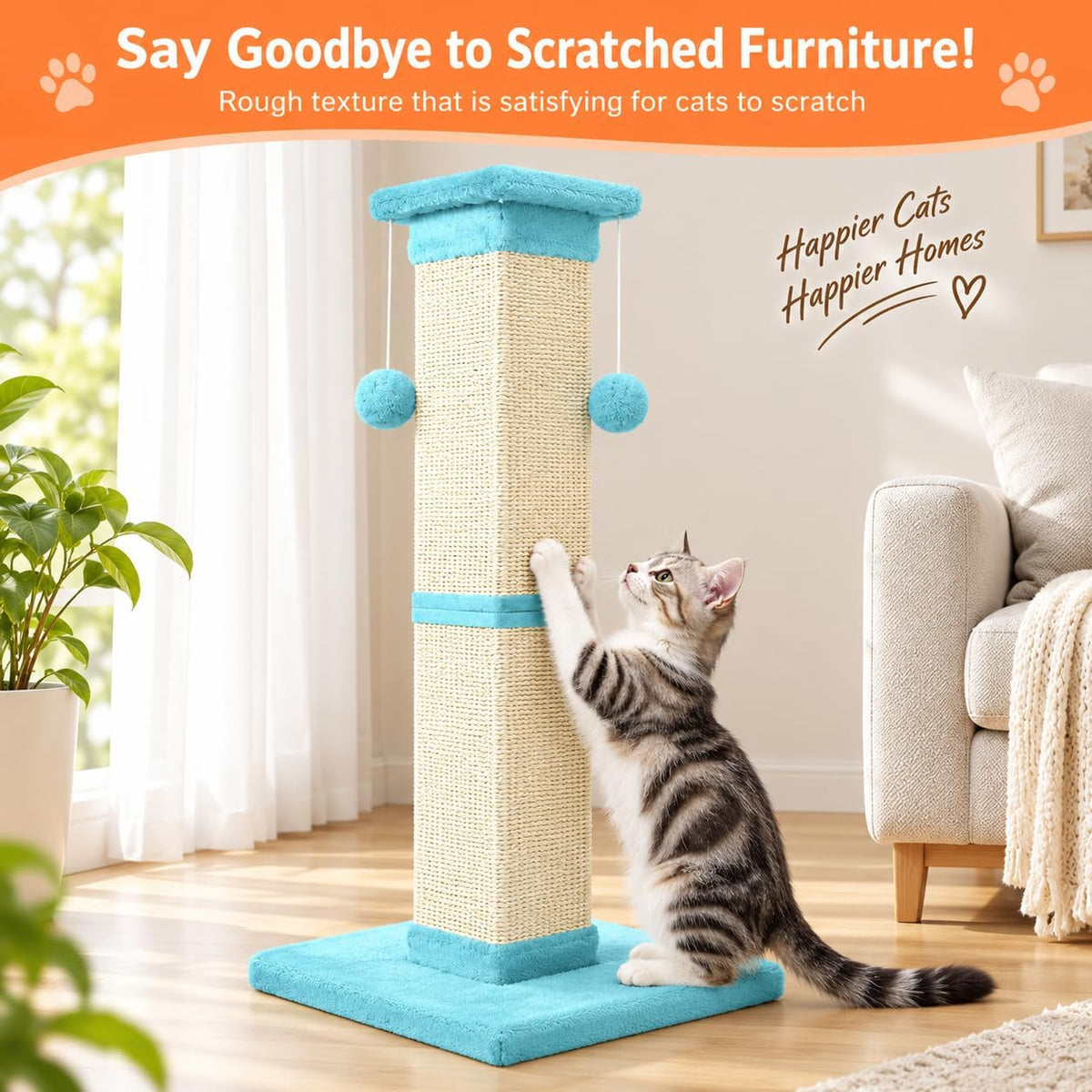 SOCATER Cat Scratching Post 33 Inch, Beige – Essentials for Cats - Cyan - image 3