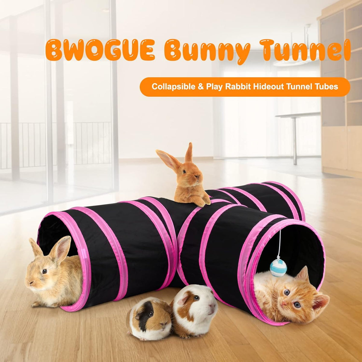 Bunny Tunnels & Tubes, 3-Way Collapsible Rabbit Hideout for Bunnies – Essentials for Small Pets - Rose Red - image 2