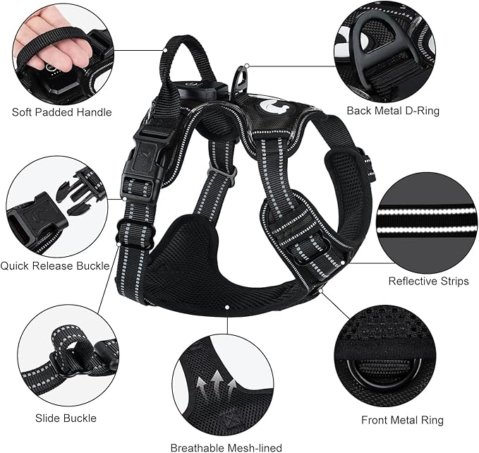 Taglory Light Up Dog Harness, Rechargeable No Pull Dog Vest with 3 Lightning Modes, Reflective Dog Harness with 2 Leash Clips & 4 Adjustable Slide Strips for Small Dogs, Black-Blue, S