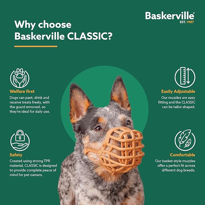 Baskerville Classic Basket Muzzle - Dog can Pant and Drink, Prevents Biting and Food Waste Scavenging, Strong TPR, Ideal for Longer Nosed Dogs, Breathable Dog Training Muzzle for Medium Dogs (Size 5)