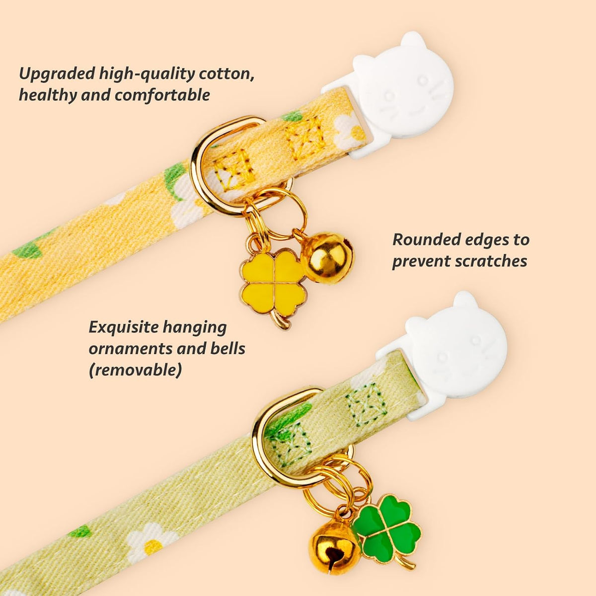 2 Pack Cotton Cat Collar Pink Strawberrie White Heart Cute Kitten - Green&Yellow - image 2