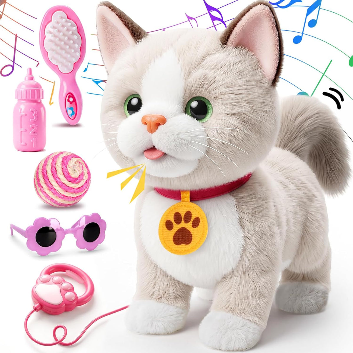Ylpaprm interactive walking cat toy with leash and accessories, plush ragdoll kitten