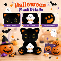 MUFEIRUO Halloween black cat plush holding pumpkin bag, wearing orange witch hat - view 16