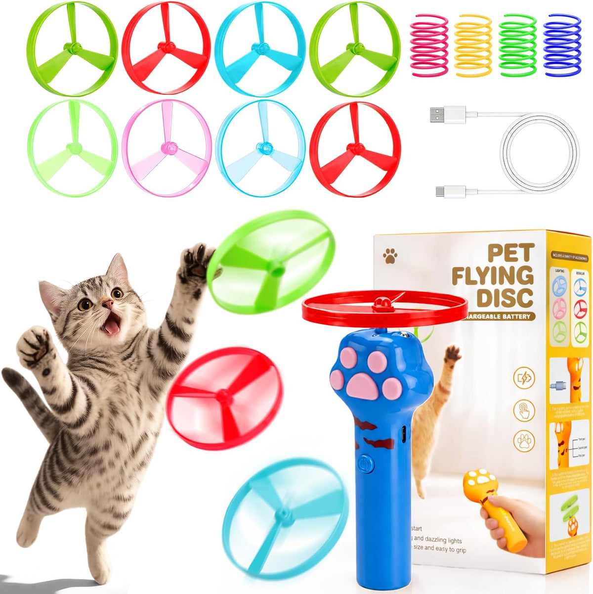 Cat Toy Disc Launcher, Rechargeable Interactive Cat Fetch Toy Launcher with 8 Flying Discs, Flying - Blue