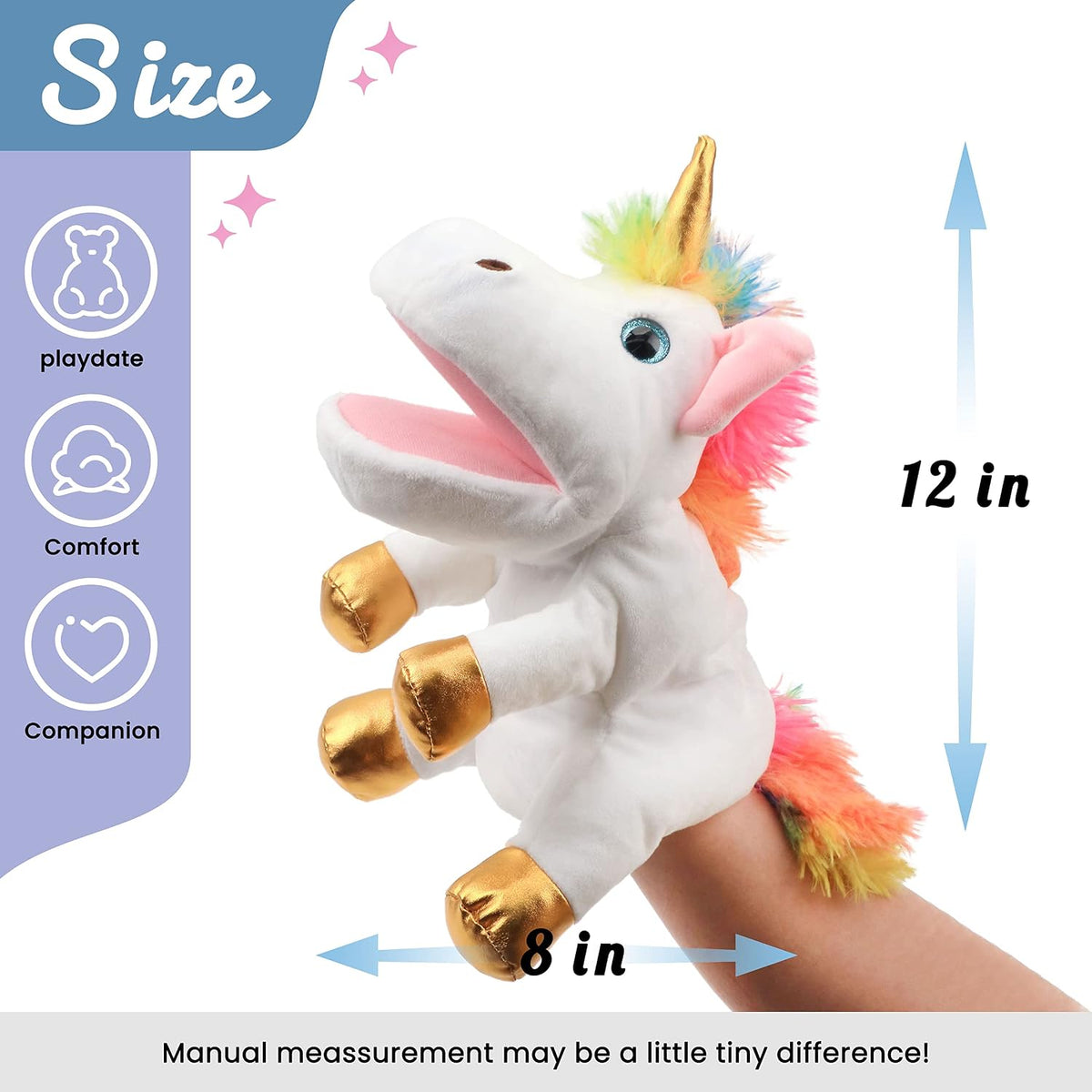 Hopearl white plush unicorn hand puppet with open movable mouth, 12 inches - view 29