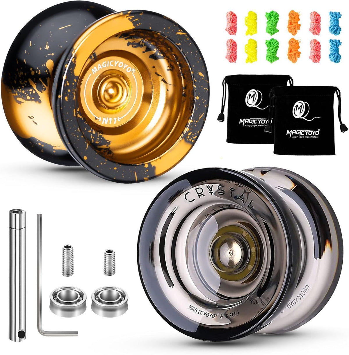 MAGICYOYO N11 Metal Yoyo Professional Responsive & Unresponsive Trick - N11 Blak Golden+K2 Black