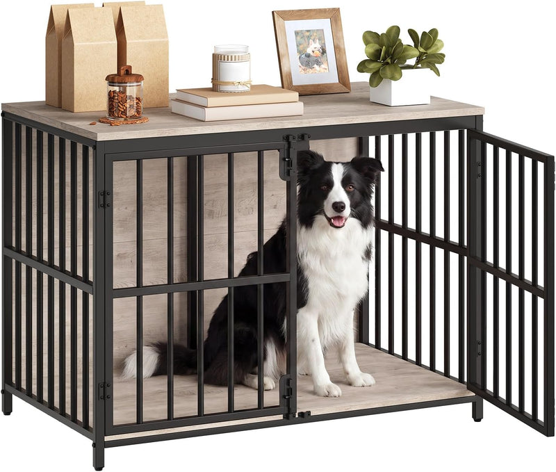 HOOBRO 38.6" Dog Crate Furniture, Wooden Dog Kennel Indoor - 38.6"L x 23.6"W x 29.5"H / Greige