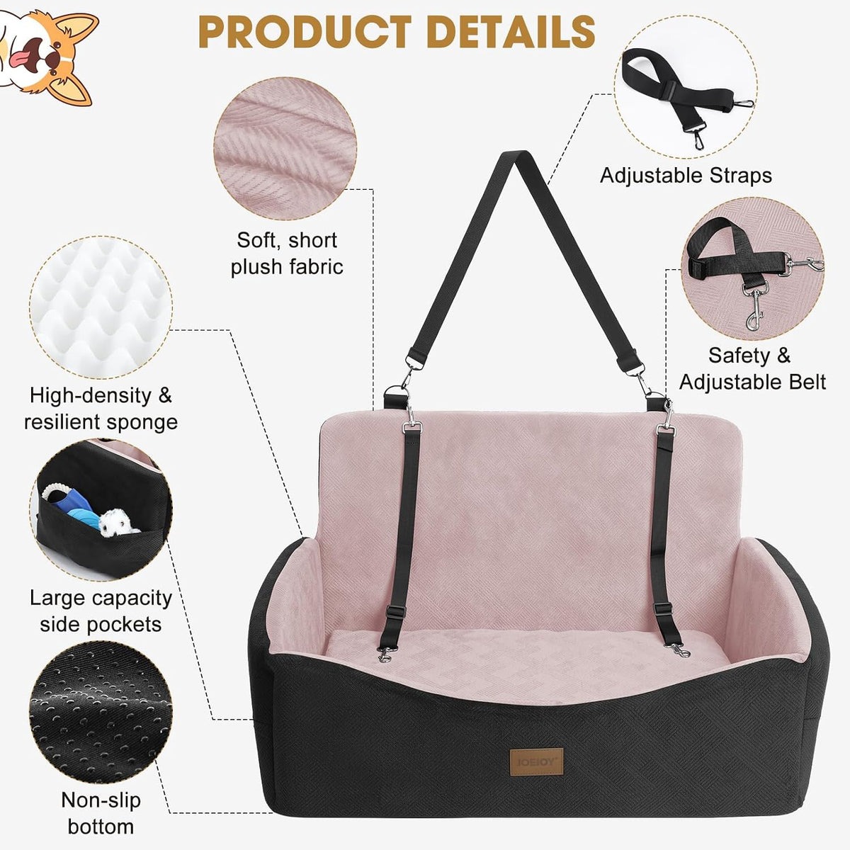 JOEJOY Dog Car Seats for Small Medium Dogs Under 35lbs - Black Pink / Large - image 4
