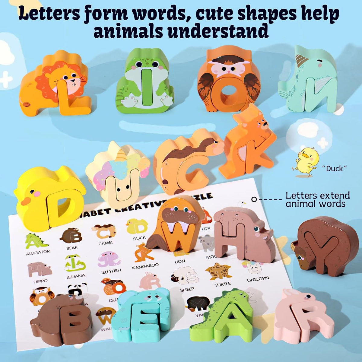 52 Pieces Matching Game, Wooden Alphabet Animal Puzzles for Toddlers, ABC Peg Puzzles for Kids Ages - image 4