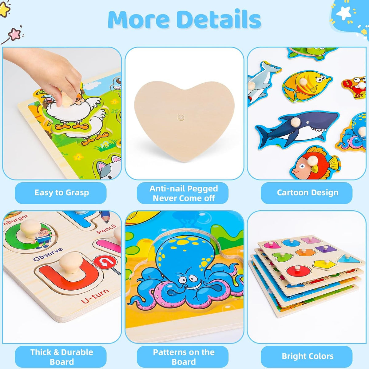 Wooden Peg Puzzles for Kids 3 4 Year Old, Shapes, Alphabet - image 3