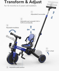 besrey Folding Toddler Tricycle-to-Balance Bike with Push Handle - Dark Blue - image 4