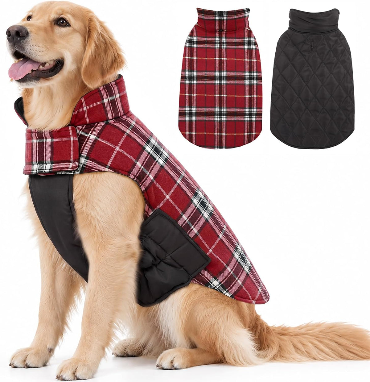 Winter Dog Jackets, Reversible Dog Coat with Leash Hole - Red / 2XL