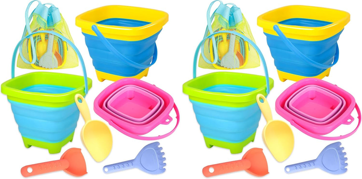 Xgunion collapsible beach sand buckets 3 pack with shovel, rake, scoop and mesh bag - view 2