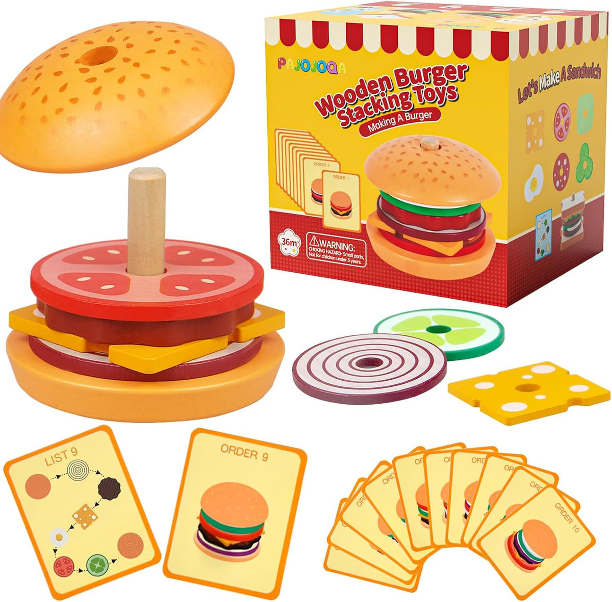 Pajojoqa wooden sandwich stacking toy with egg, cheese, bacon, lettuce, tomato and bun pieces