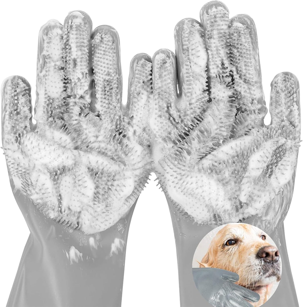 Pet Grooming Gloves, 5-Finger Silicone Dog Bath Scrubber with High-Density Teeth, Reusable Washing - Grey