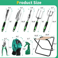 Kitness 9 PCS All-in-one Garden Tools Set Heavy Duty Cast-Aluminium Alloy Gardening Tools Kit with Folding Stool Seat&Detachable Canvas Tool Bag Great Gifts for Gardening