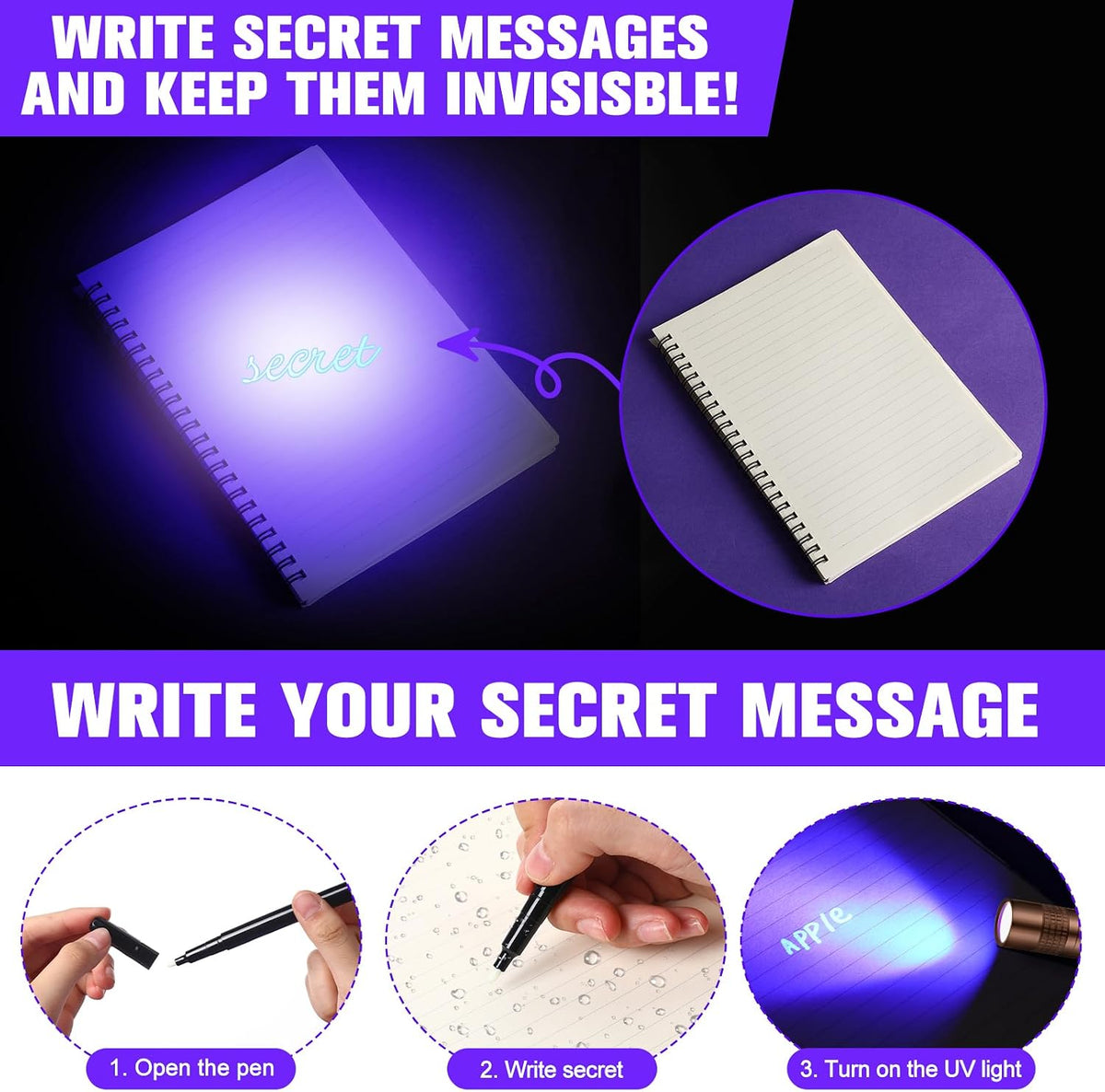 Tegeme 4 invisible ink pens with 4 mini UV marker flashlights in black - view 11