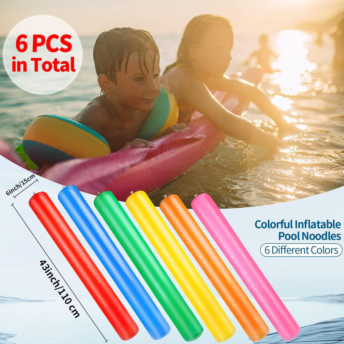 KIMOBER 6 pack giant inflatable pool noodles in red, yellow, blue, orange, green and pink - view 4