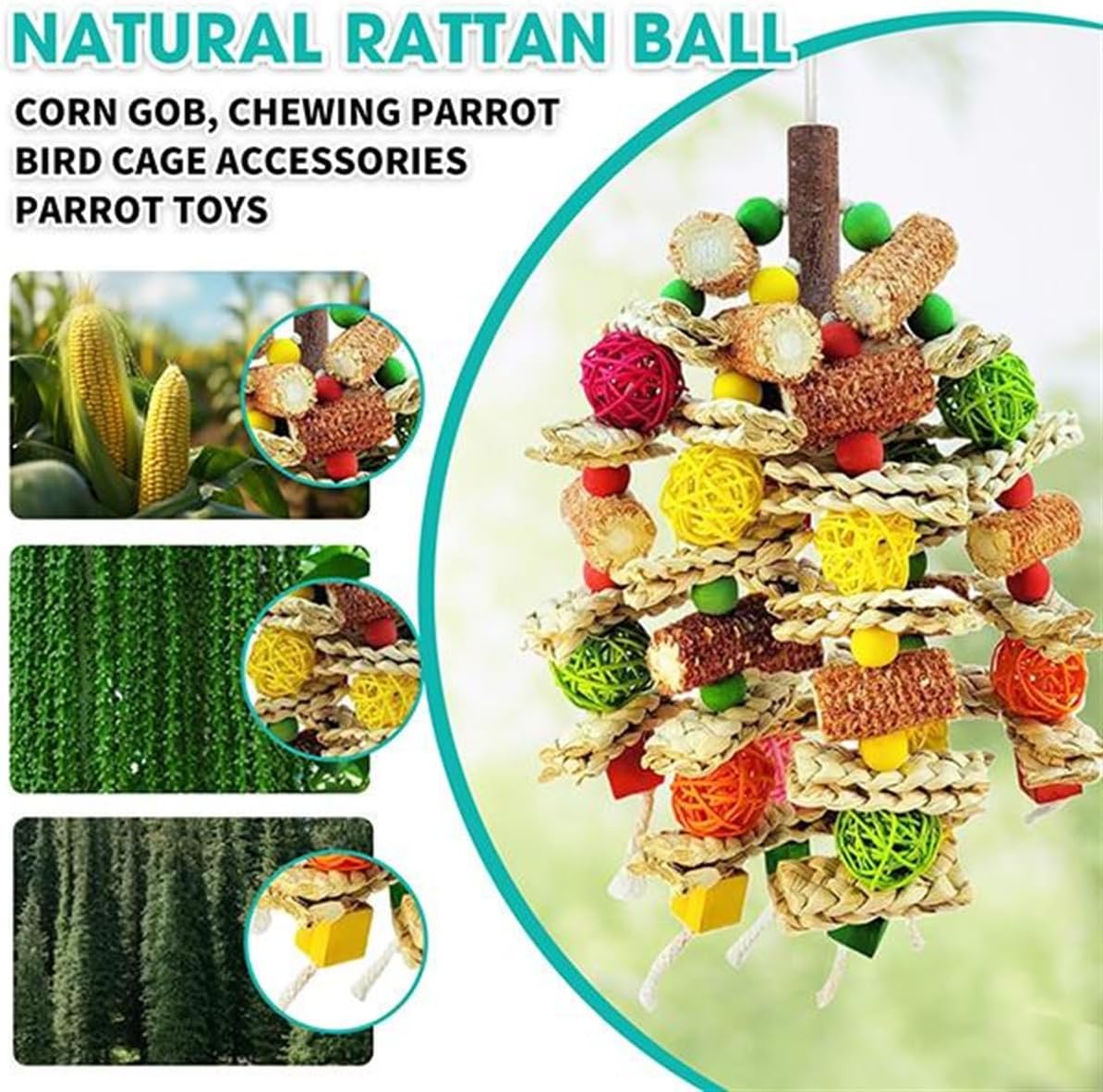Natural Wood Bird Swing Perch with Decorative Leaves – Essentials for Birds - Colorful / Large - image 2