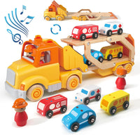 Wanborns car carrier truck toy in yellow with 6 wooden cars and fold-out 30in slide