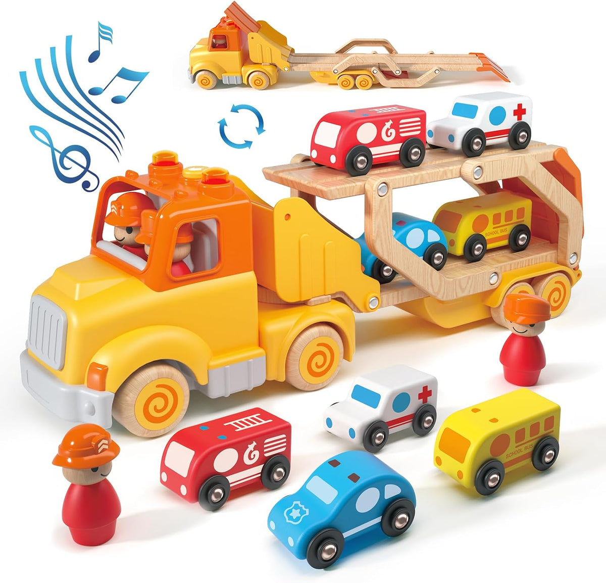 Wanborns car carrier truck toy in yellow with 6 wooden cars and fold-out 30in slide