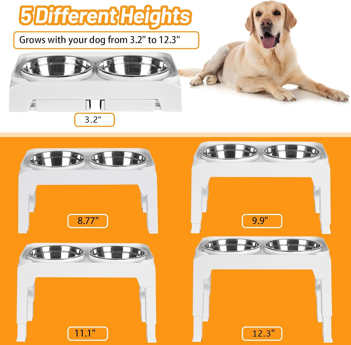 Hubulk Elevated Dog Bowls with 2 Stainless Steel Dog Food & Water - M (8" for M/L Dogs) / White - image 2
