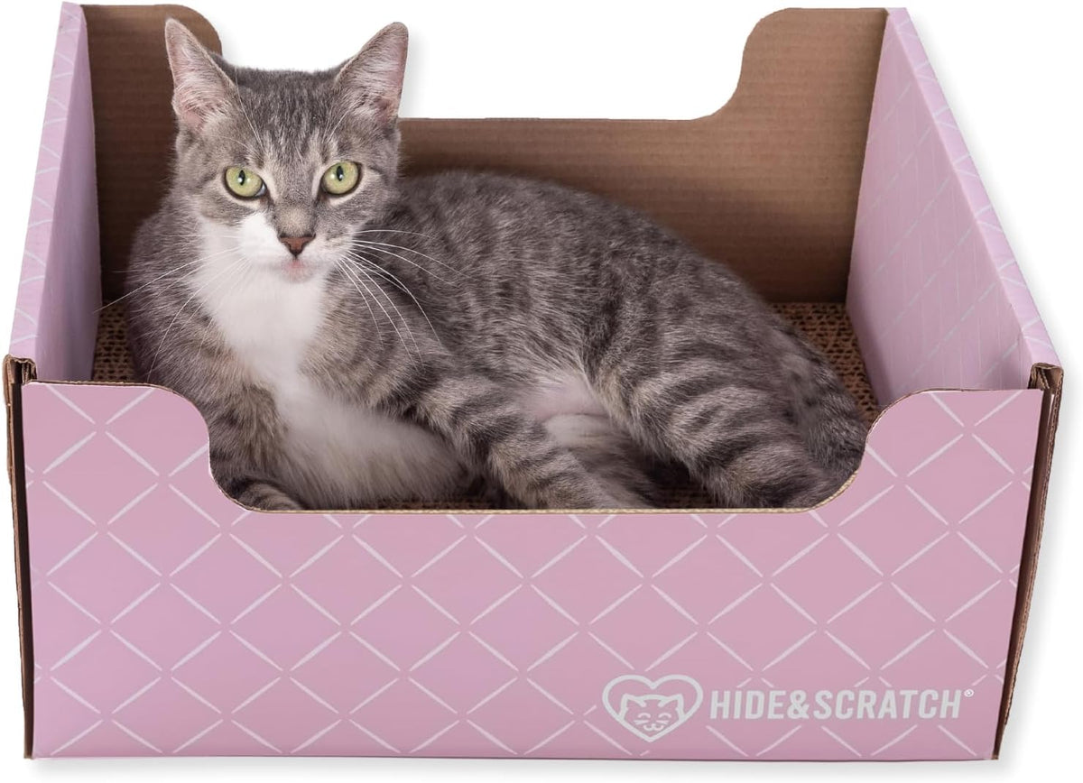 Hide & Scratch Cardboard Cat Scratcher Box & Bed Dark Grey Diamond Pad – Essentials for Cats - Light Pink Diamond