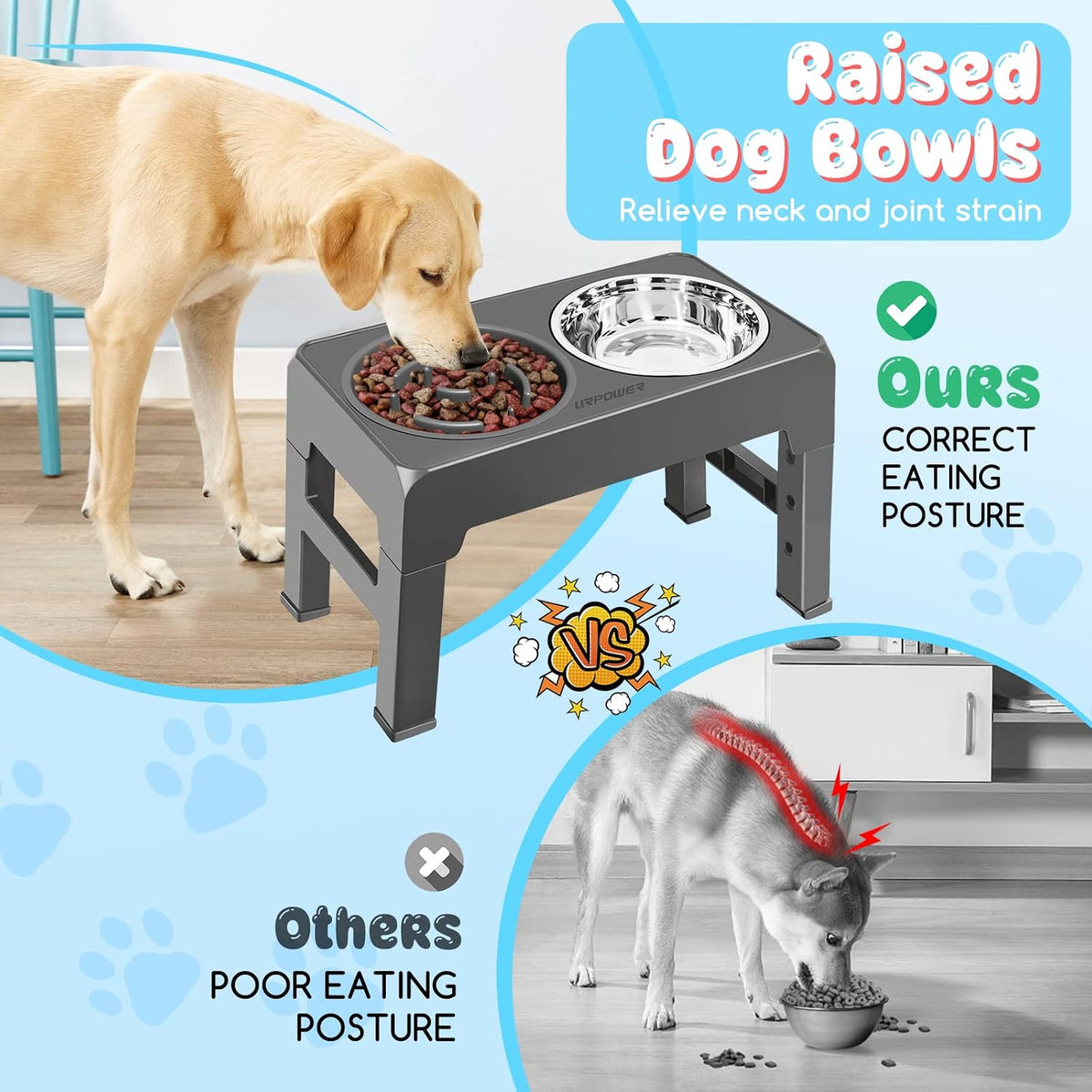 URPOWER Raised Dog Bowls 4 Height Adjustable Elevated Bowl Stand – Essentials for Dogs - Dark Grey - image 3