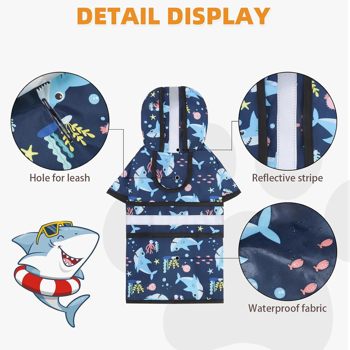 Dog Raincoat Hooded Slicker Poncho with Leash Hole - S:10-15lbs / Blue Shark - image 2