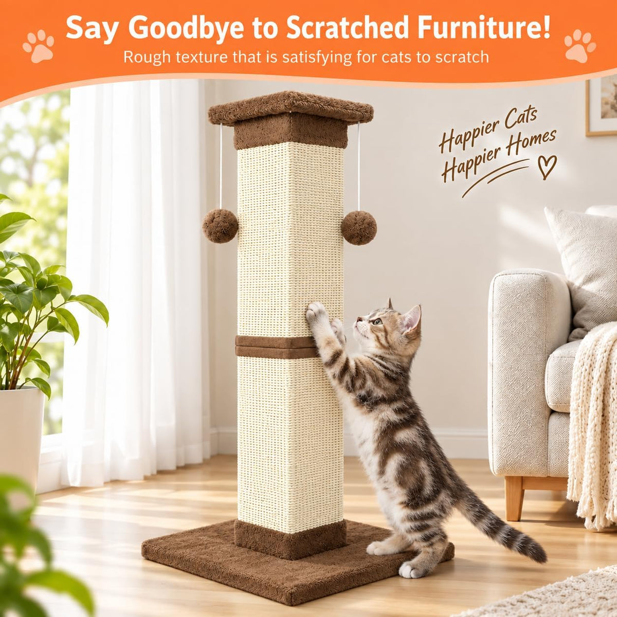 SOCATER Cat Scratching Post 33 Inch, Beige – Essentials for Cats - Brown - image 3