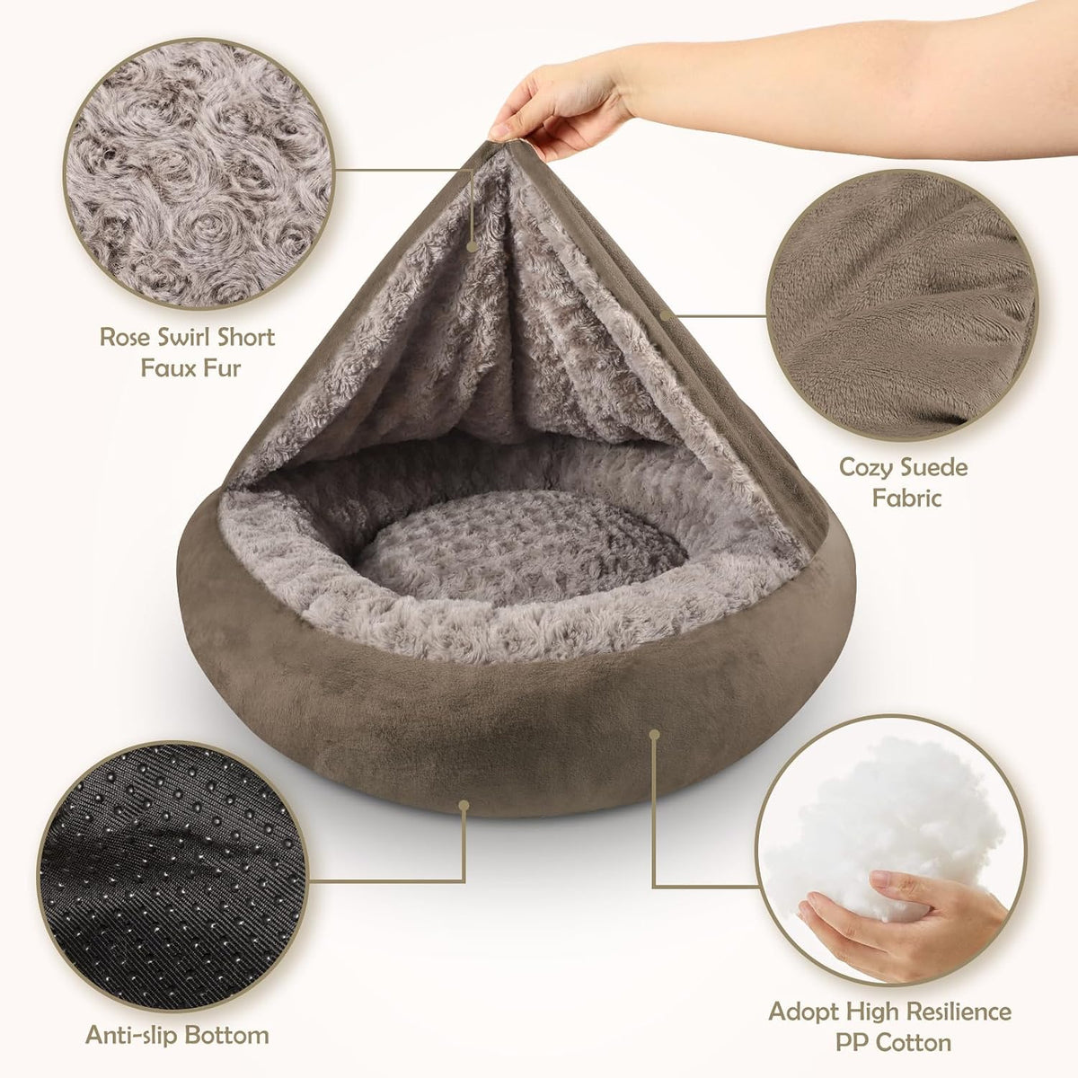 JOEJOY Small Dog Bed Cat Bed with Hooded Blanket - S(23" x 23" x 7") / Dark Brown - image 4