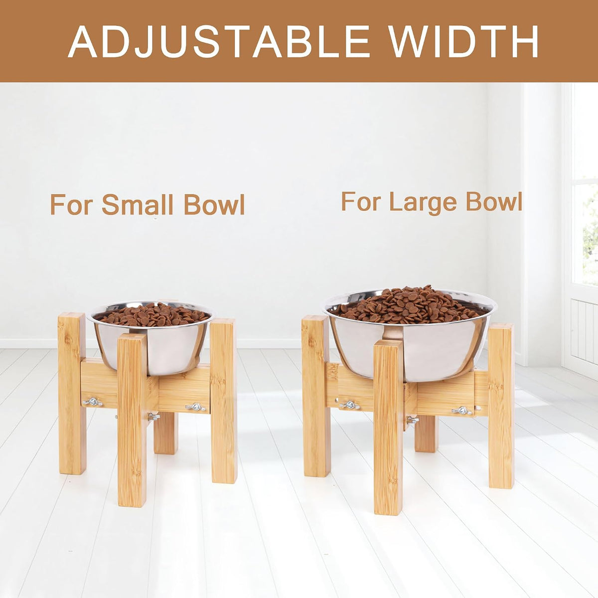 Adjustable Width Bamboo Elevated Dog Bowl Stand - Medium (10" High) / Black - image 5