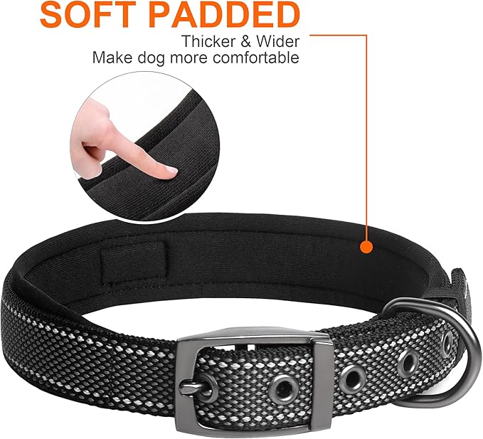 Fida Heavy Duty Dog Collar, Ultra Comfortable Soft Neoprene Padded, Adjustable Reflective Nylon Pet Collar with Durable Metal Belt Buckle for Large Breeds (L, Black)