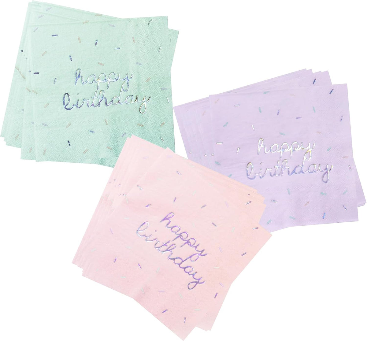 Harlow and Grey Sprinkles happy birthday napkins in pastel pink, mint and purple with holographic foil