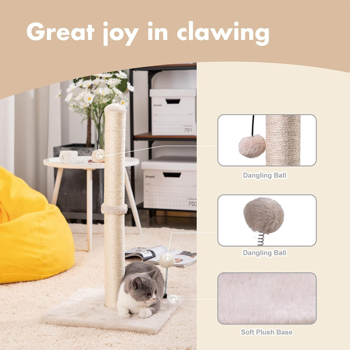 MECOOL 34” Tall Cat Scratching Post Premium Basics Kitten Scratcher - 34 inches for Adult Cats / Beige - image 2